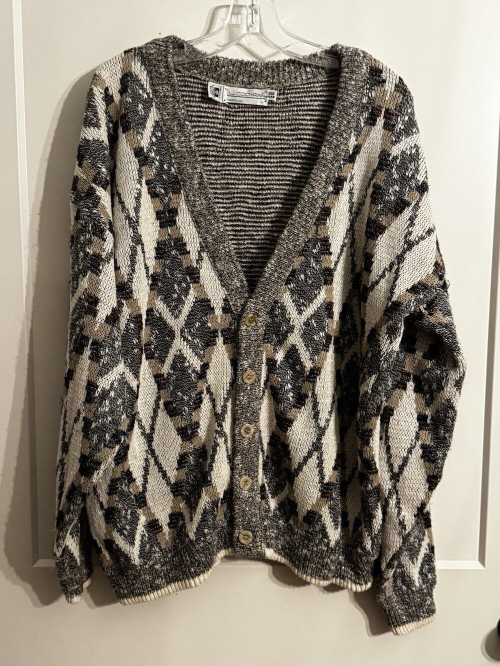 Cardigan JJ Cochran Sweater Retro Gray Cream Beige 1X Geometric Cosby Grandpa